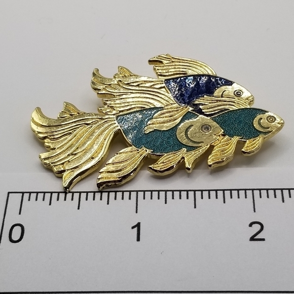 Fish Crown Enamel Gold Tone Bar Pin Brooch Vintage Angel Koi Fish Swimming Blue - Picture 7 of 12